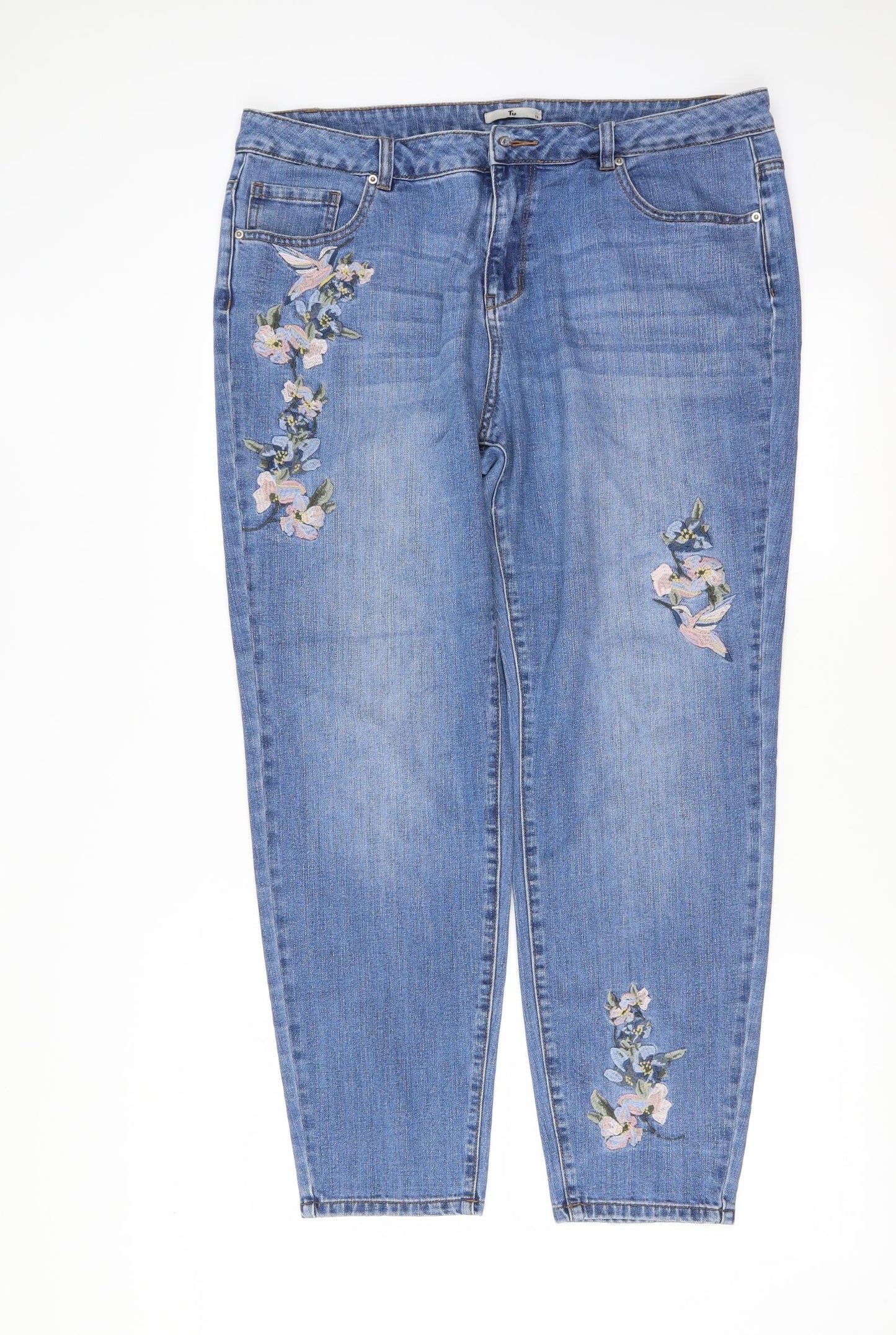 TU Womens Blue Floral Denim Straight Jeans Size 16 L28 in