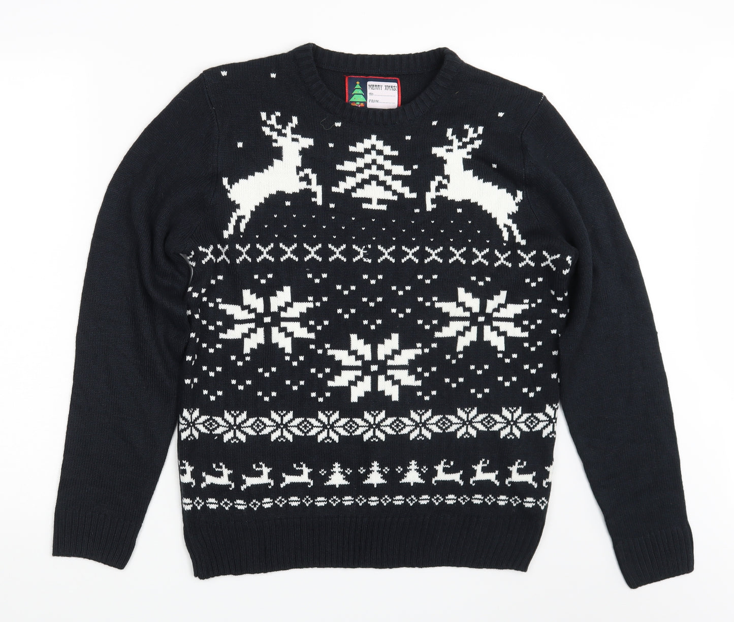 Merry Christmas Mens Black Geometric  Pullover Jumper Size M  - Christmas Jumper