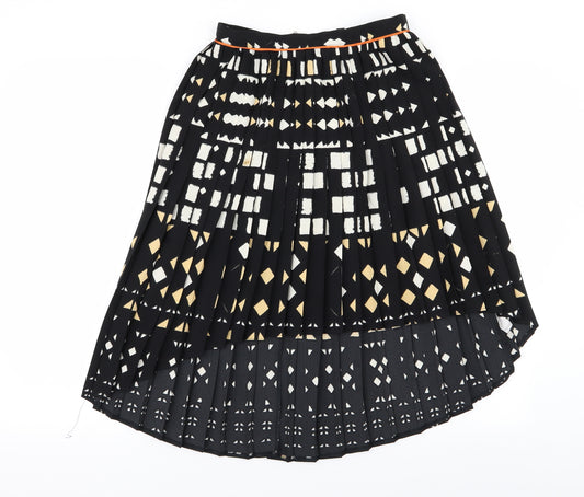 Front view of Topshop women’s black geometric pleated skirt, size UK 8