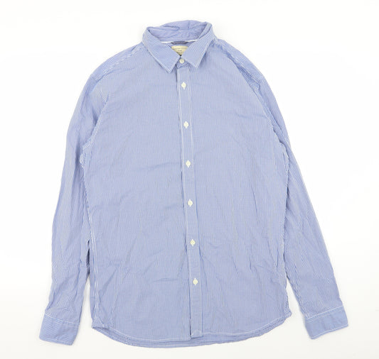 Front view of Heritage men’s blue check dress shirt, size 16.5