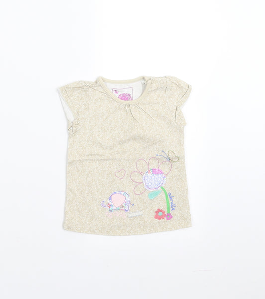 Front view of TU girls’ beige floral basic t-shirt, size 9-12, months - embroidered detail
