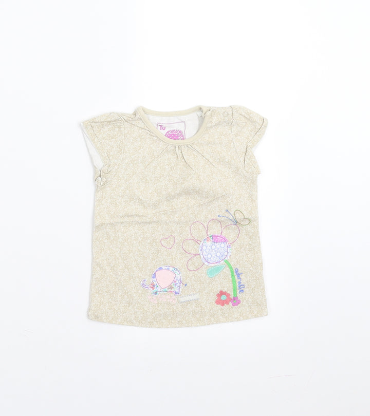 Sainsburys  Girls Beige Floral  Basic T-Shirt Size 9-12 Months  - Embroidered detail