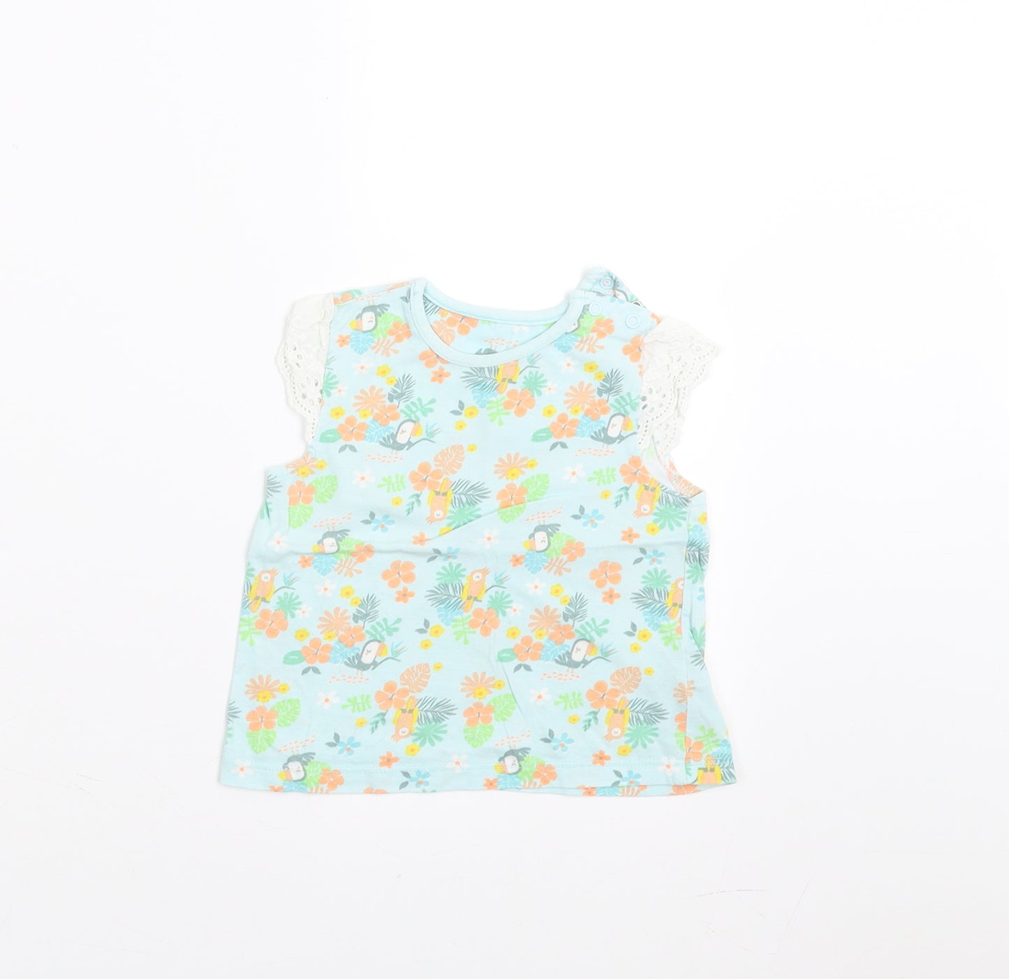 Nutmeg Girls Green Floral  Basic T-Shirt Size 9-12 Months  - Crochet Sleeve Detail