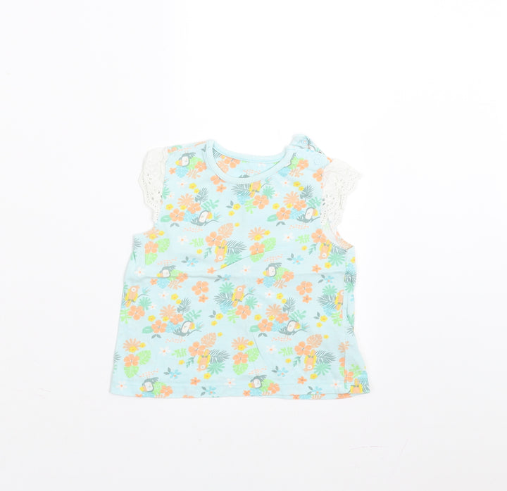 Nutmeg Girls Green Floral  Basic T-Shirt Size 9-12 Months  - Crochet Sleeve Detail