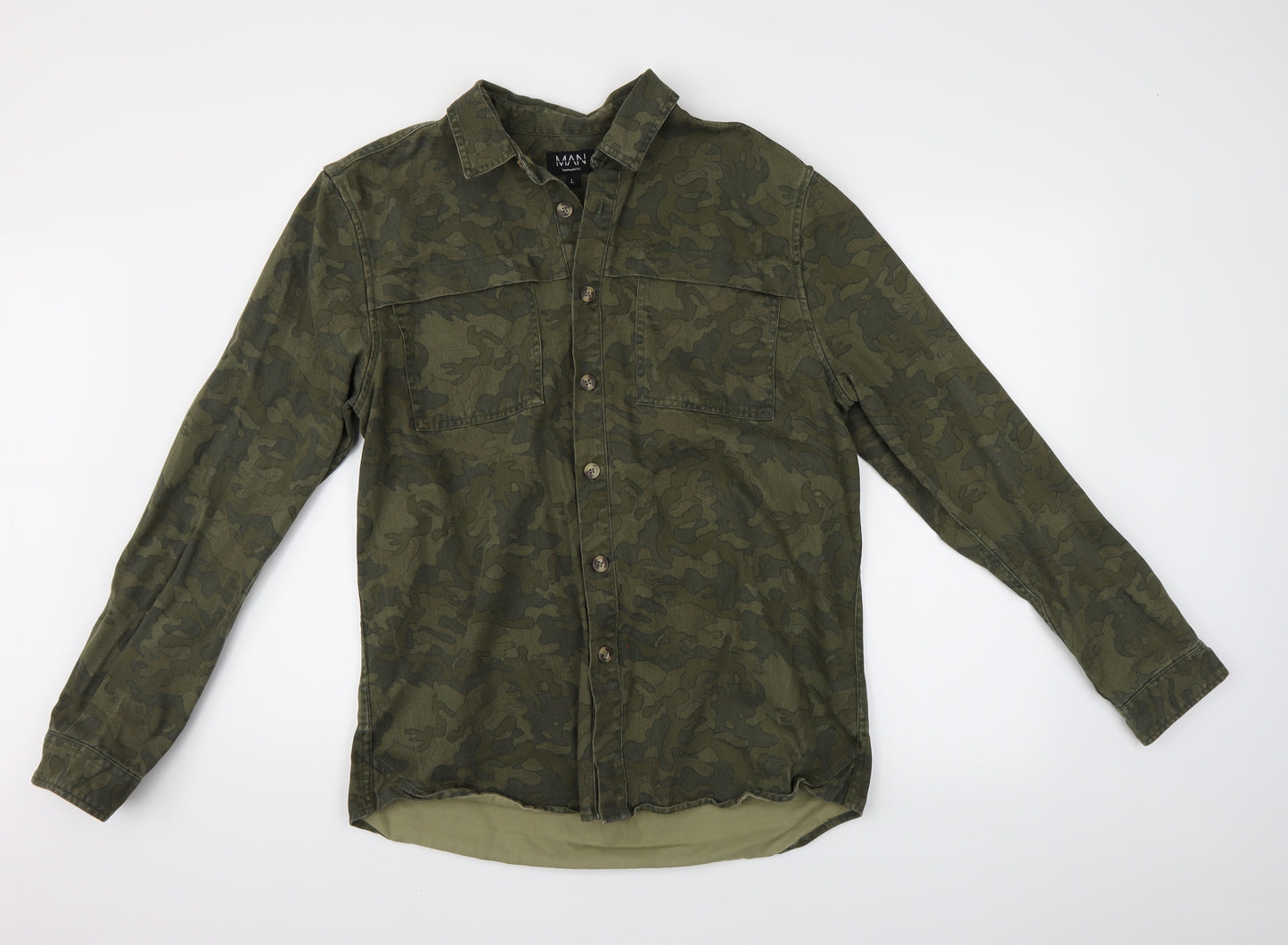 boohoo man Mens Green Camouflage Denim  Button-Up Size L