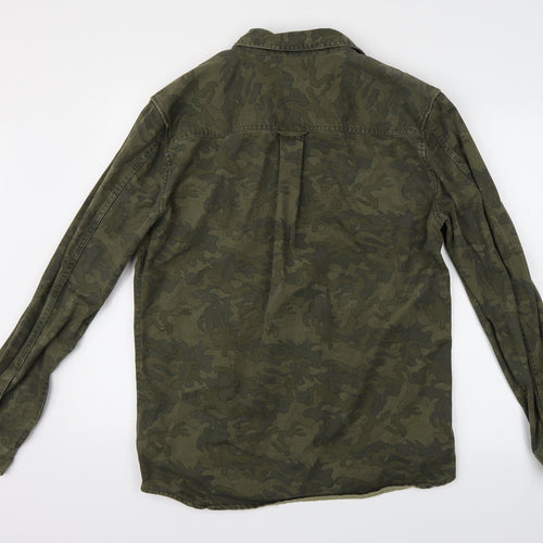 boohoo man Mens Green Camouflage Denim  Button-Up Size L
