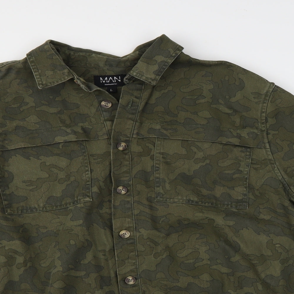 boohoo man Mens Green Camouflage Denim  Button-Up Size L