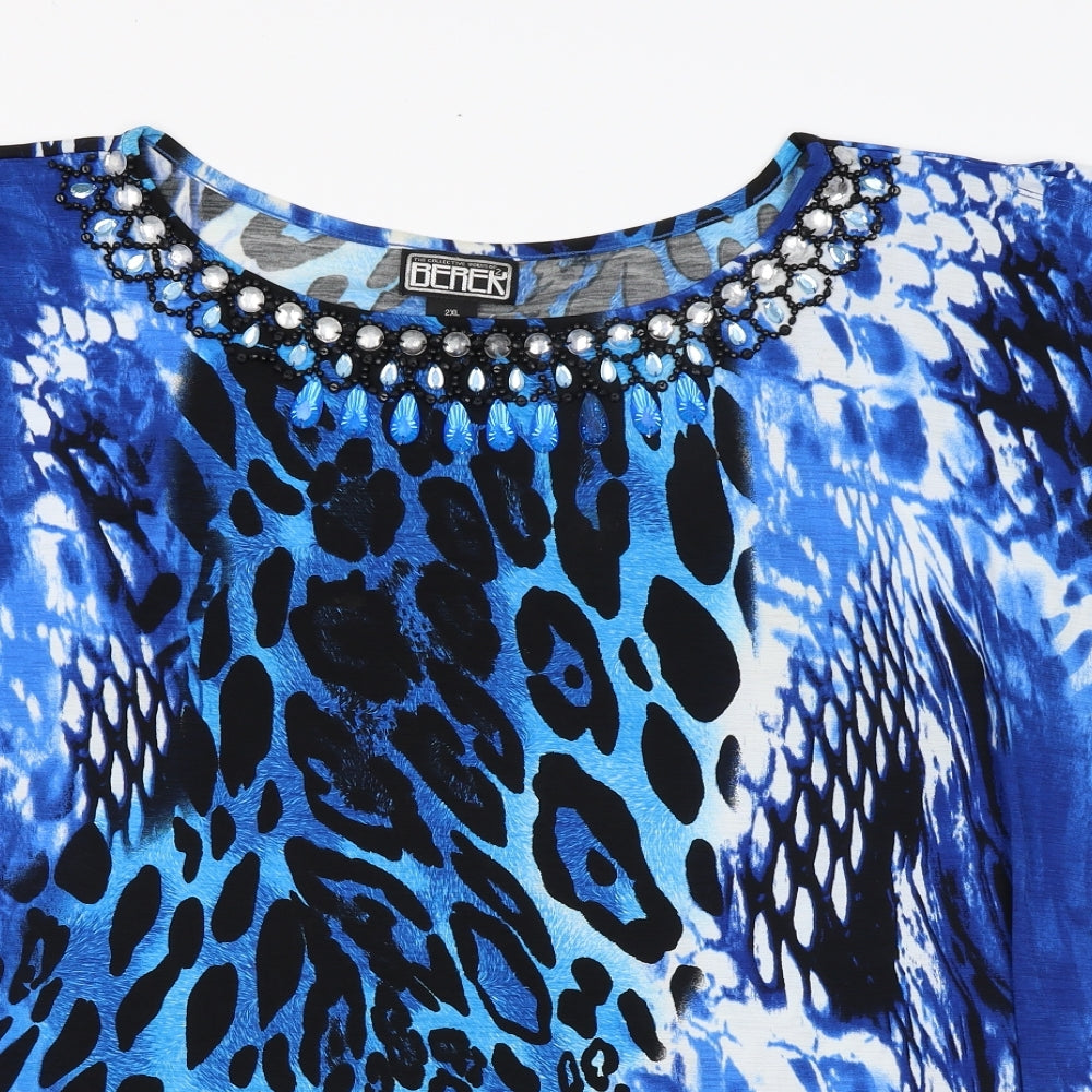 Berer Womens Blue Animal Print Jersey Basic Blouse Size 2XL