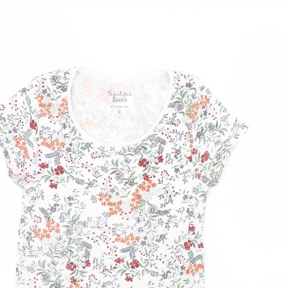 Peacocks Womens White Floral  Basic T-Shirt Size 14