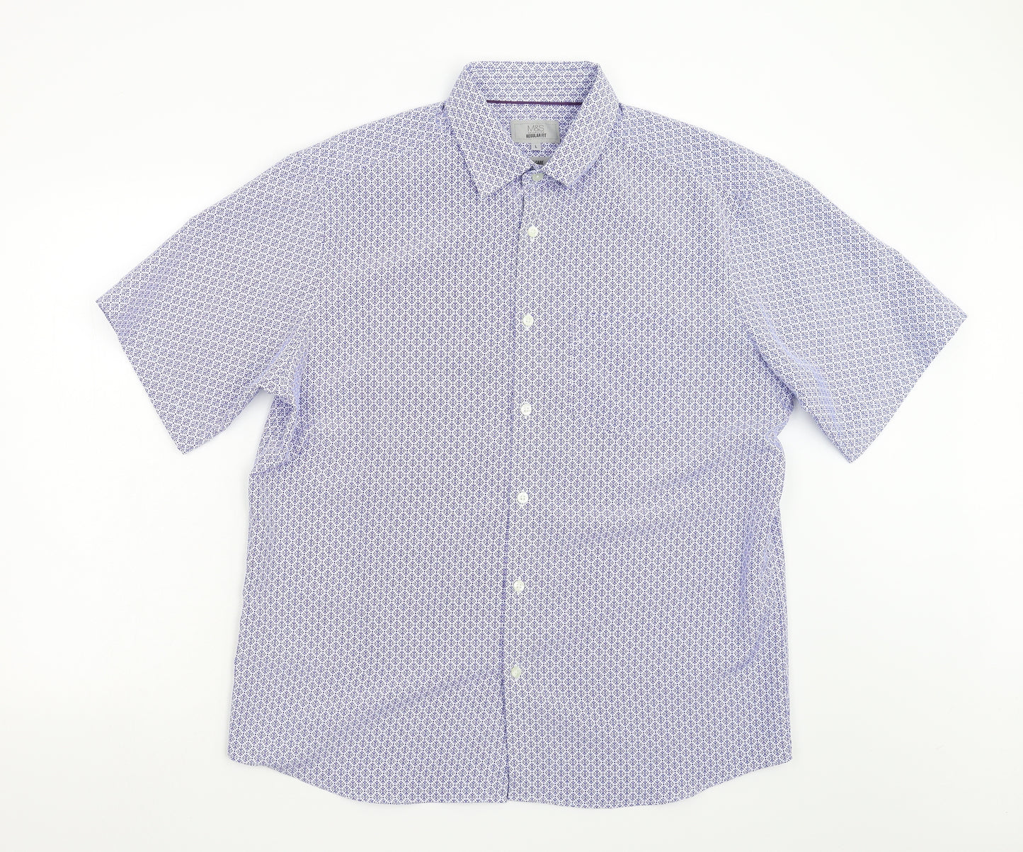 M&S Mens Blue Geometric   Button-Up Size L