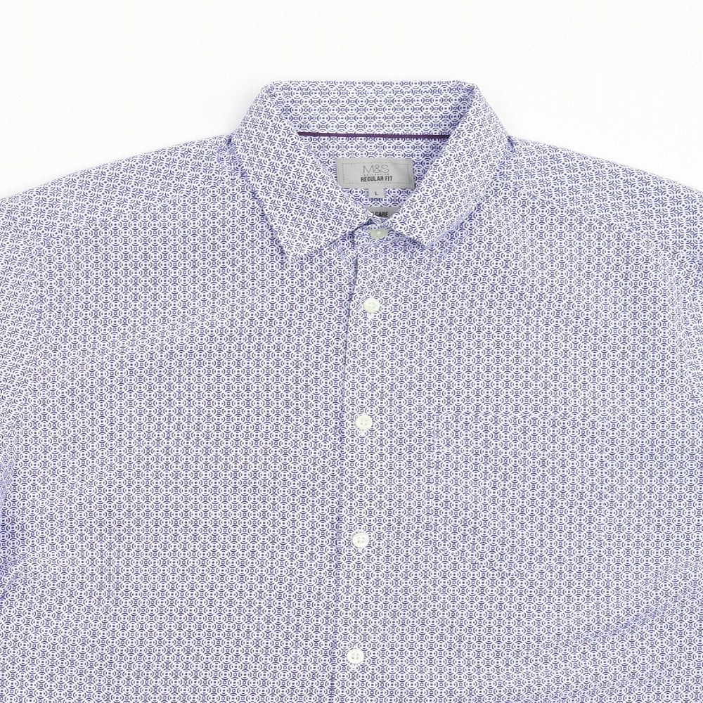 M&S Mens Blue Geometric   Button-Up Size L