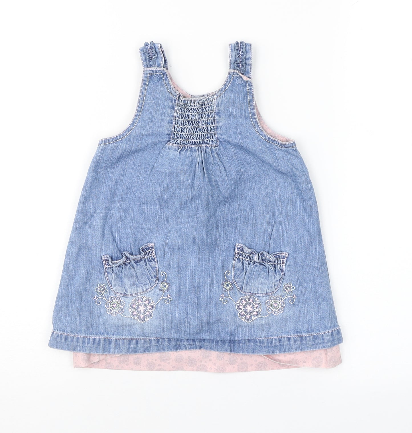 Mothercare Girls Blue Floral  Pinafore/Dungaree Dress  Size 6-9 Months