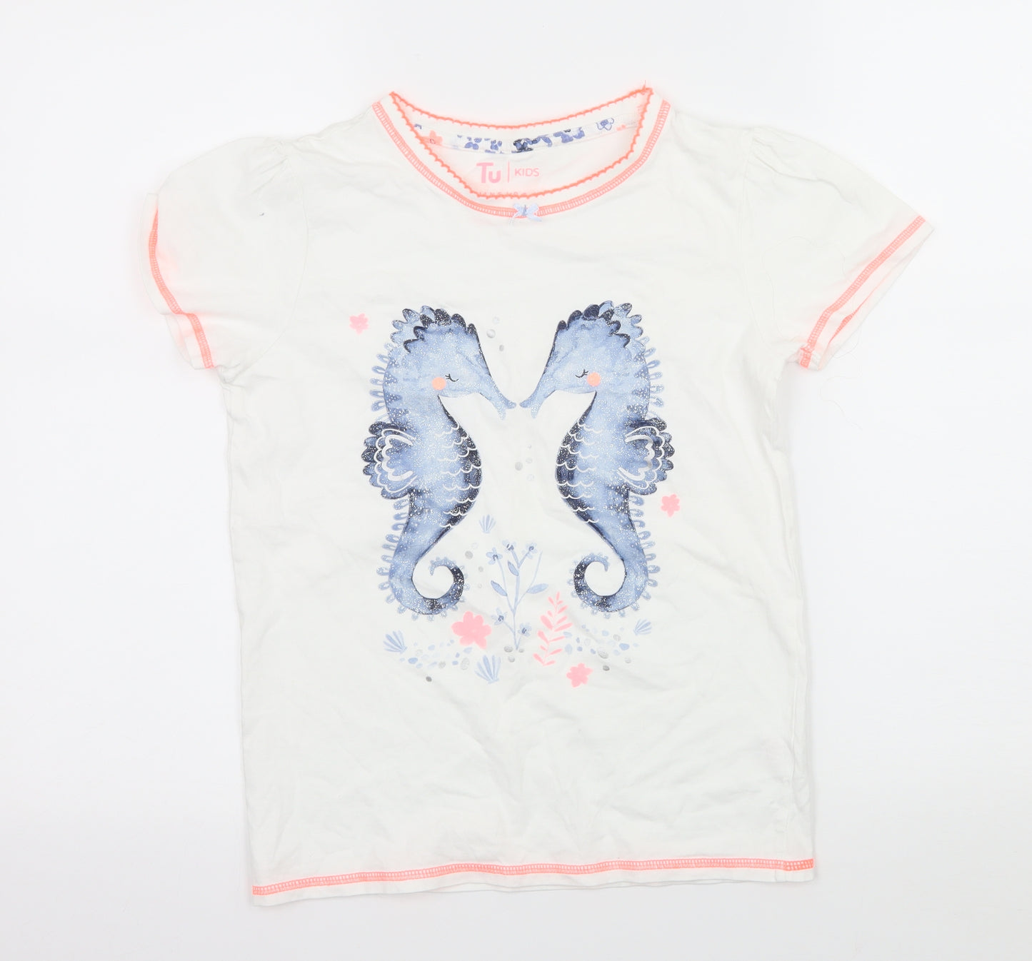 TU Girls White  Jersey Basic T-Shirt Size 11-12 Years  - Sea Horse