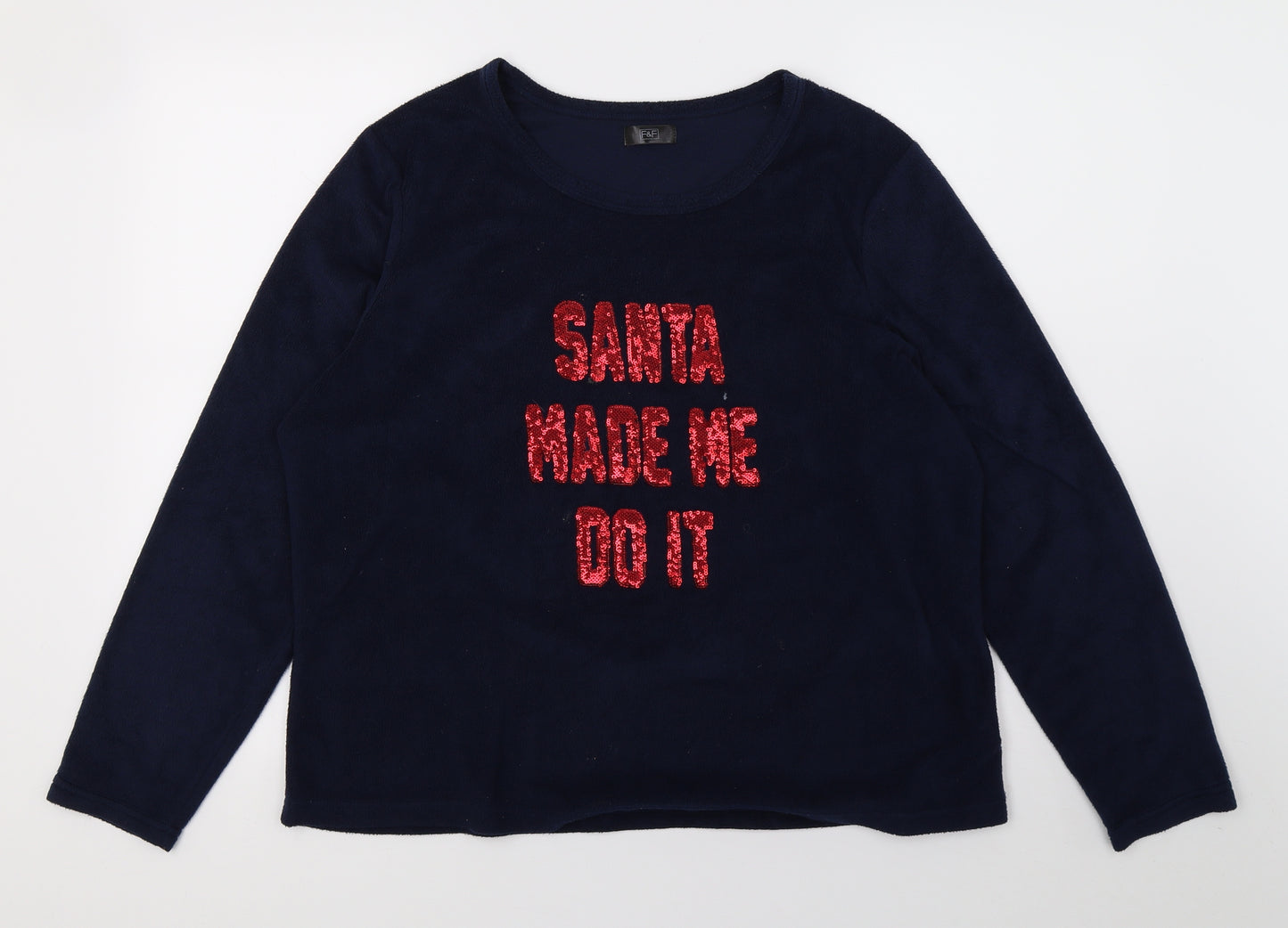 F&F Womens Blue Solid  Top Pyjama Top Size L  - christmas , sequins