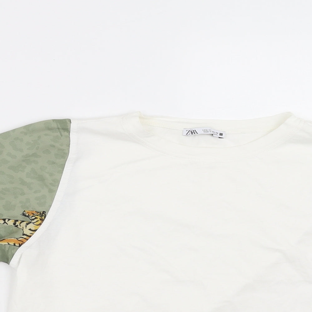 Zara Womens White   Basic T-Shirt Size S  - tiger print sleeves