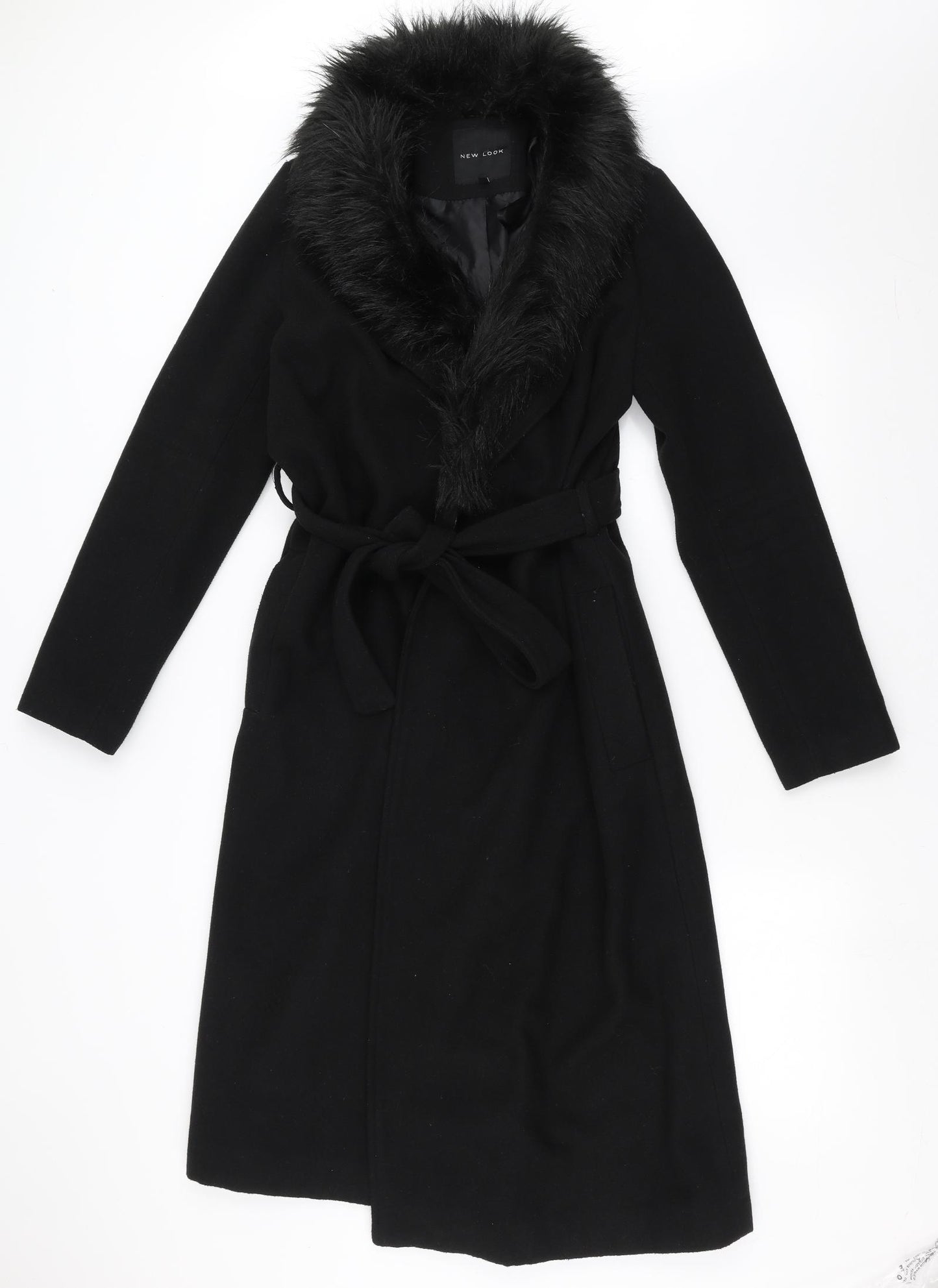 New Look Womens Black   Overcoat Coat Size 12  - Fur trim