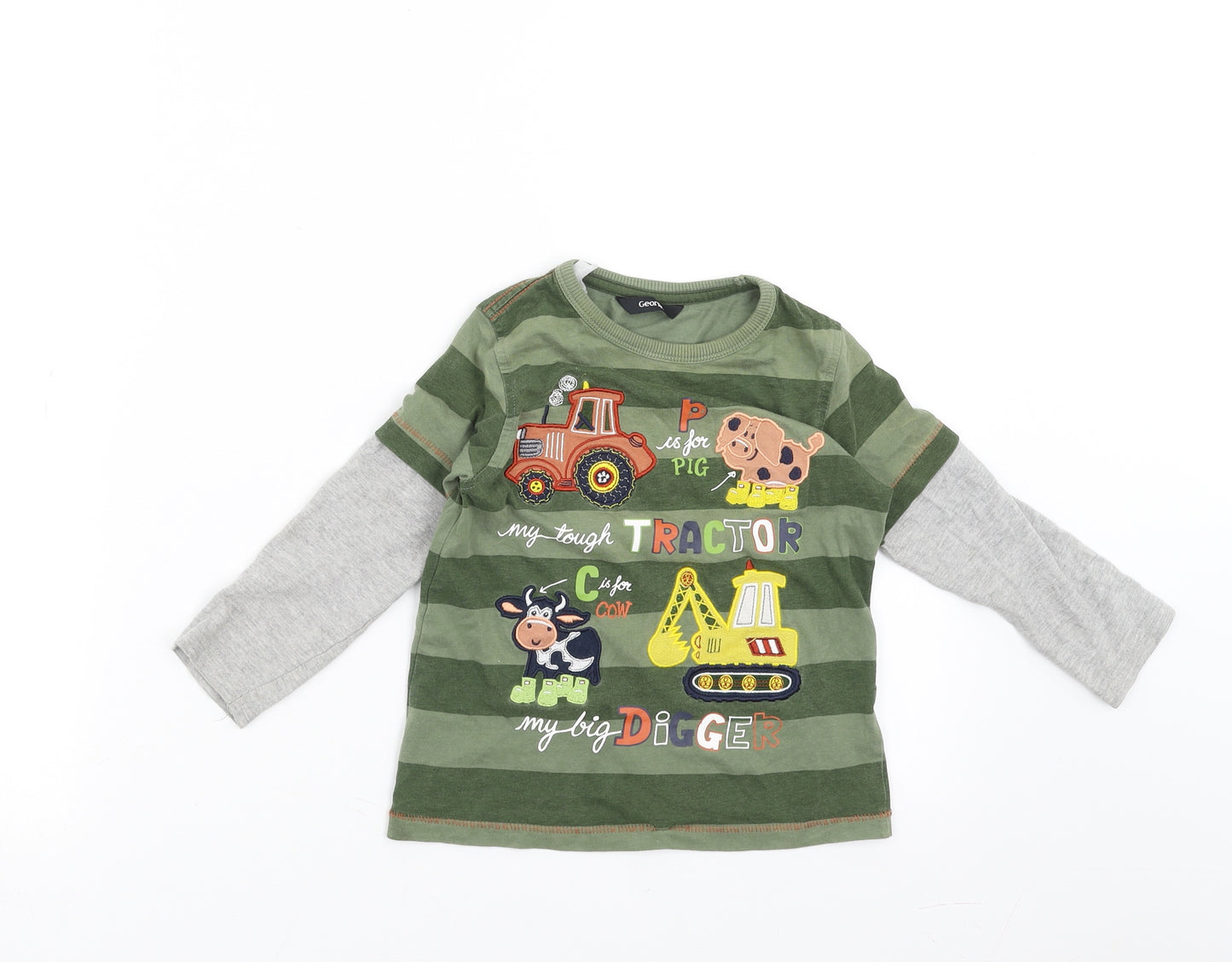 George Boys Green Striped  Basic T-Shirt Size 3-4 Years  - tractor, digger