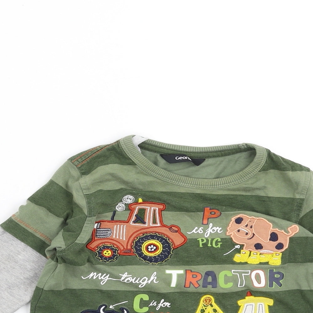 George Boys Green Striped  Basic T-Shirt Size 3-4 Years  - tractor, digger