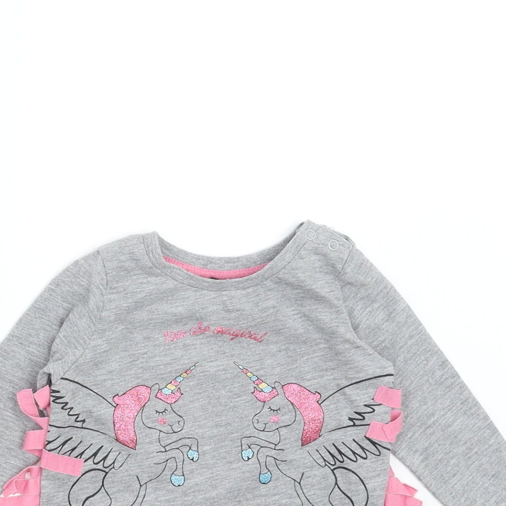 Primark Girls Grey   Basic T-Shirt Size 3-6 Months  - unicorn