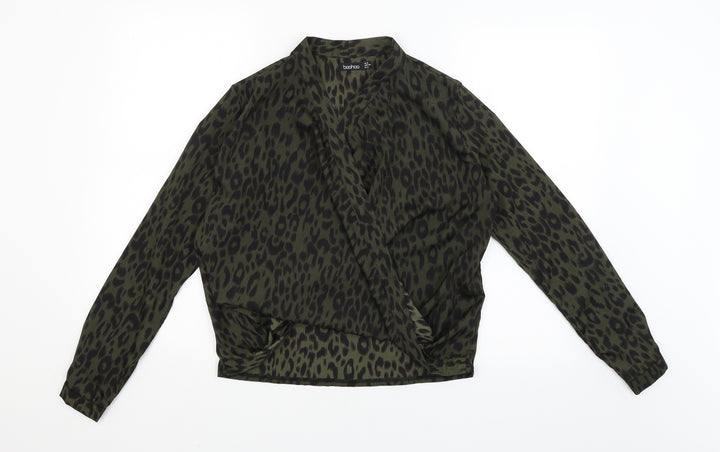Boohoo Womens Green Animal Print Basic Blouse Size 6