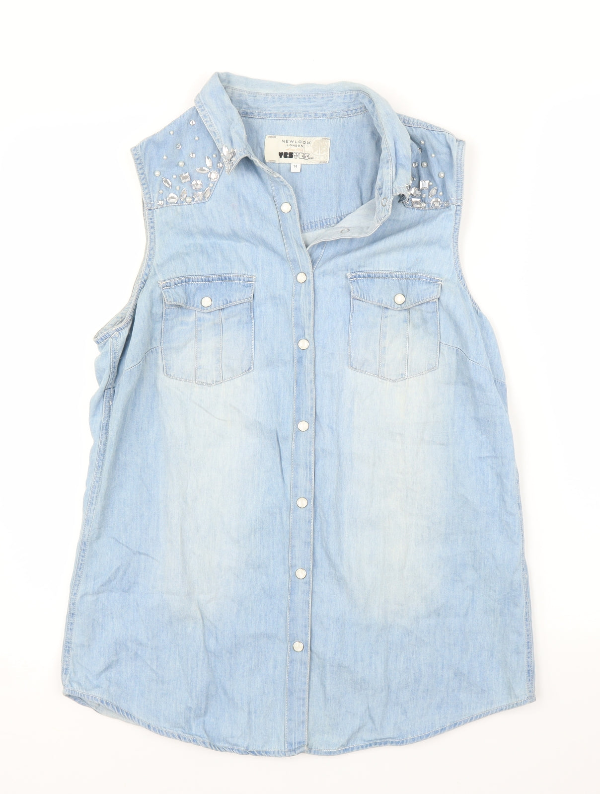 New Look Womens Blue  Denim Basic Button-Up Size 14  - Pearls