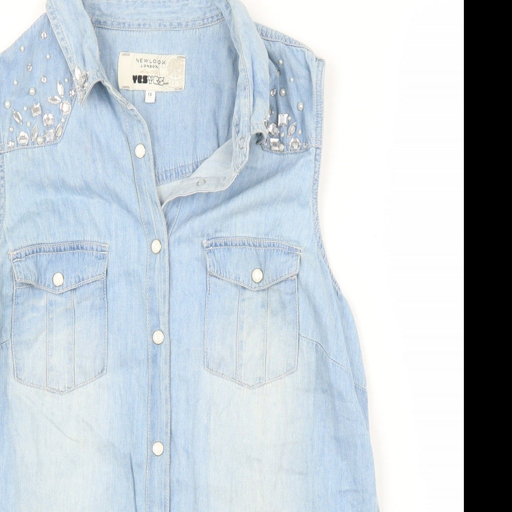 New Look Womens Blue  Denim Basic Button-Up Size 14  - Pearls