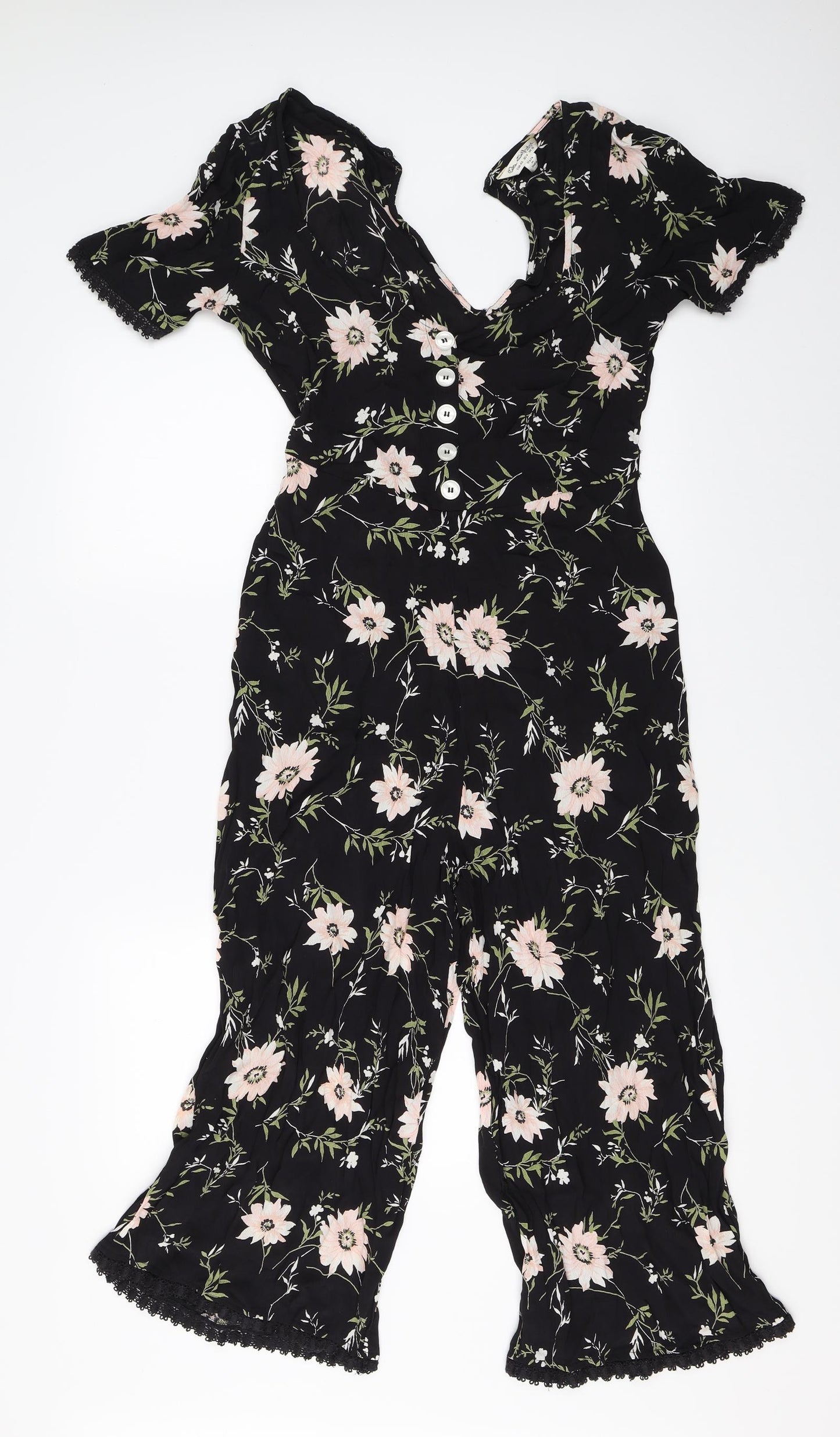 Miss Selfridge Womens Black Floral  Jumpsuit One-Piece Size 12