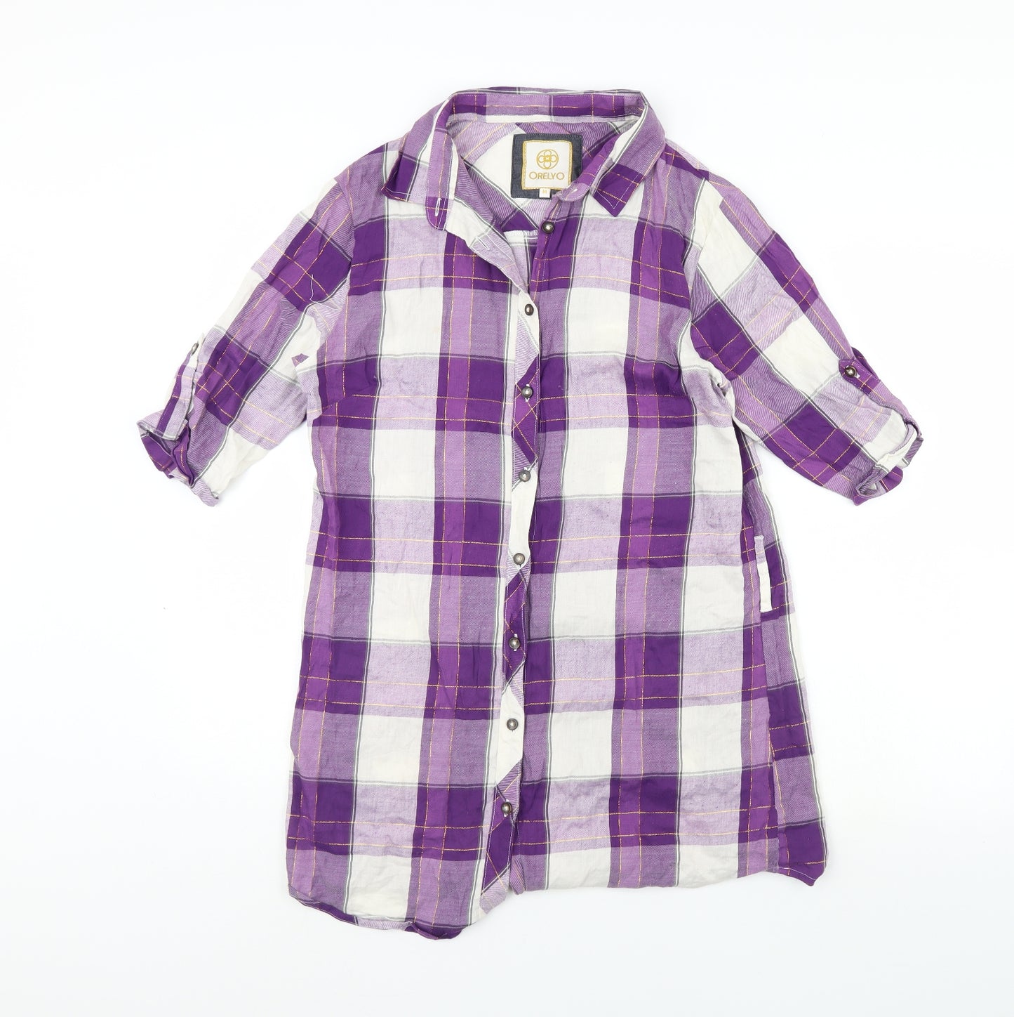 Orelyo Womens Purple Check  Basic Button-Up Size M