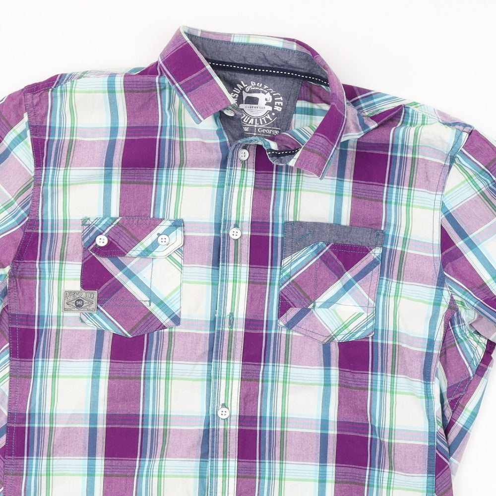 George  Mens Purple Check   Button-Up Size L