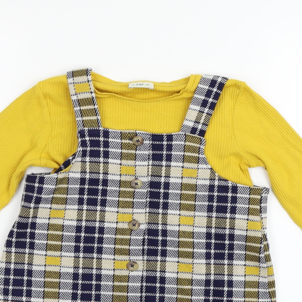 F&F Girls Yellow Check  Jumper Dress  Size 6-7 Years