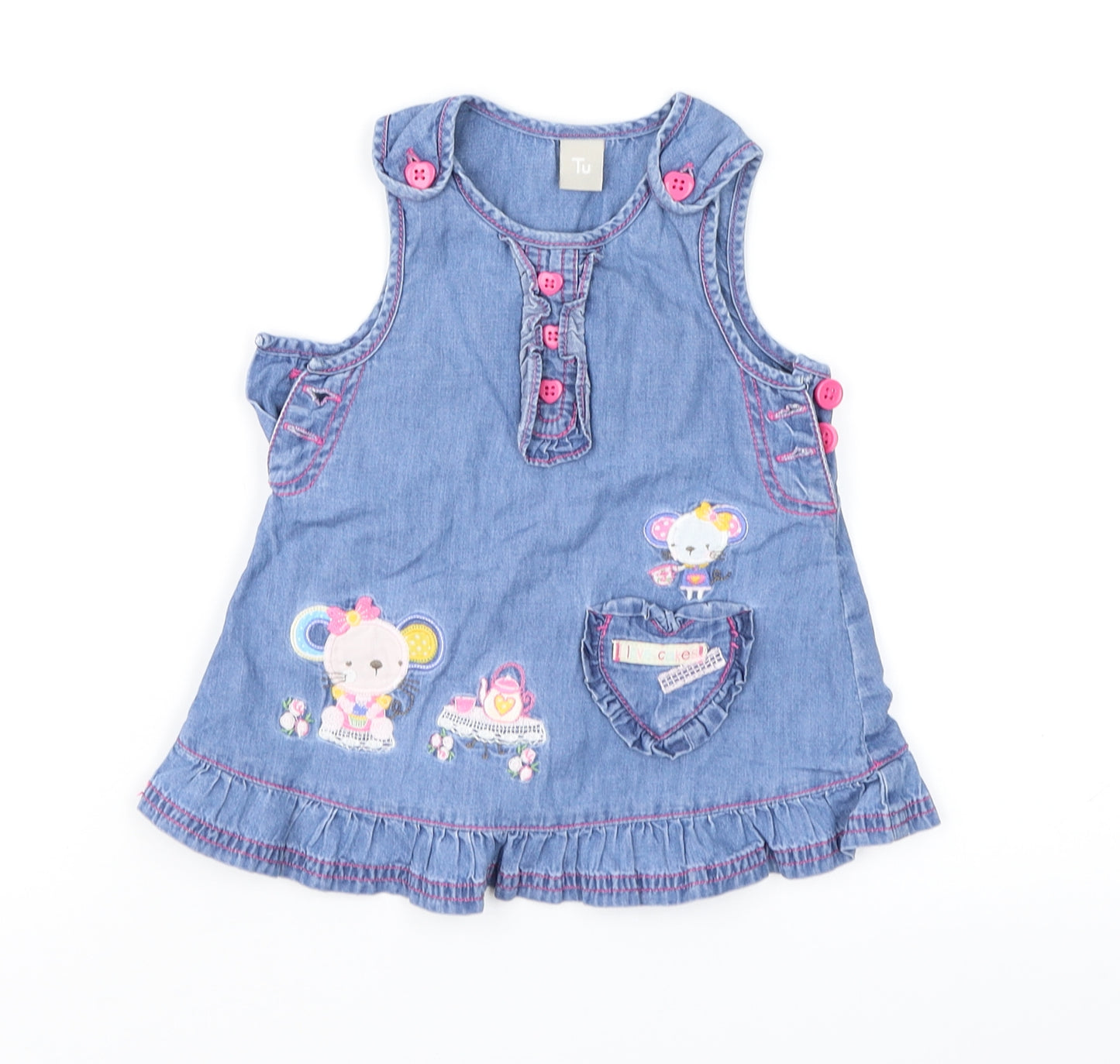 TU Girls Blue   Pinafore/Dungaree Dress  Size 0-3 Months  - Mice