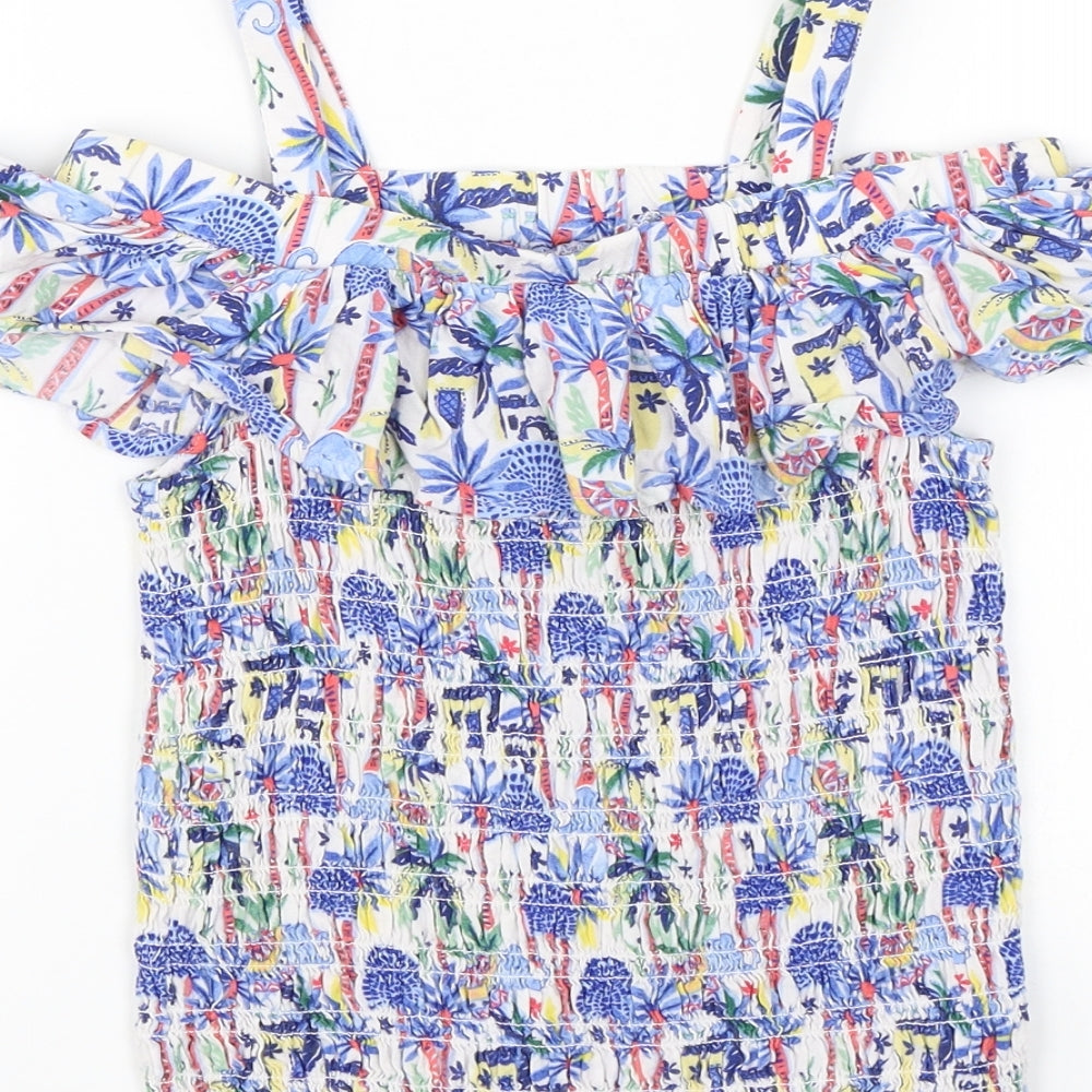 M&S Girls Blue Floral  Basic Blouse Size 7-8 Years