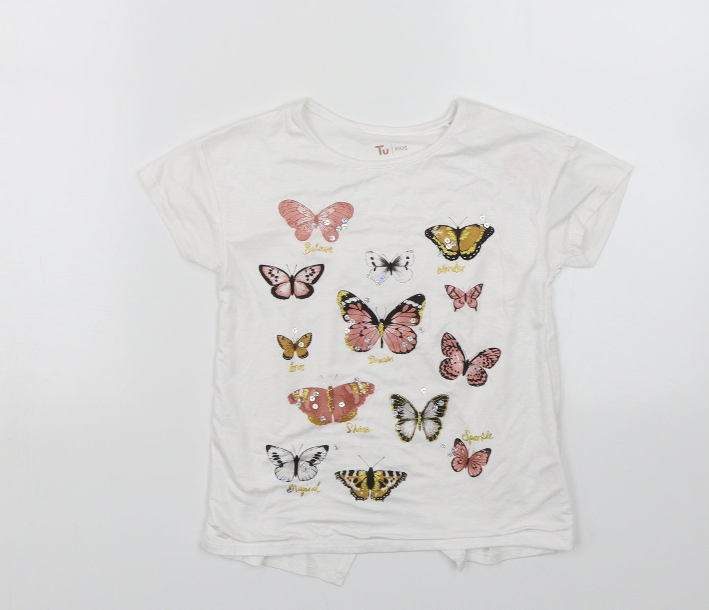 TU Girls White   Basic T-Shirt Size 7 Years  - Butterlfies