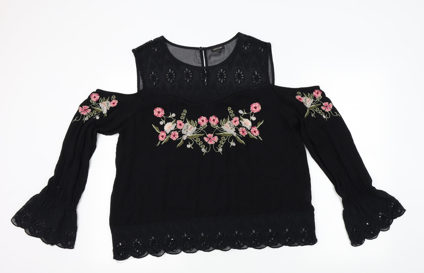 River Islane Womens Black Floral  Basic Blouse Size 16  - open shoulders