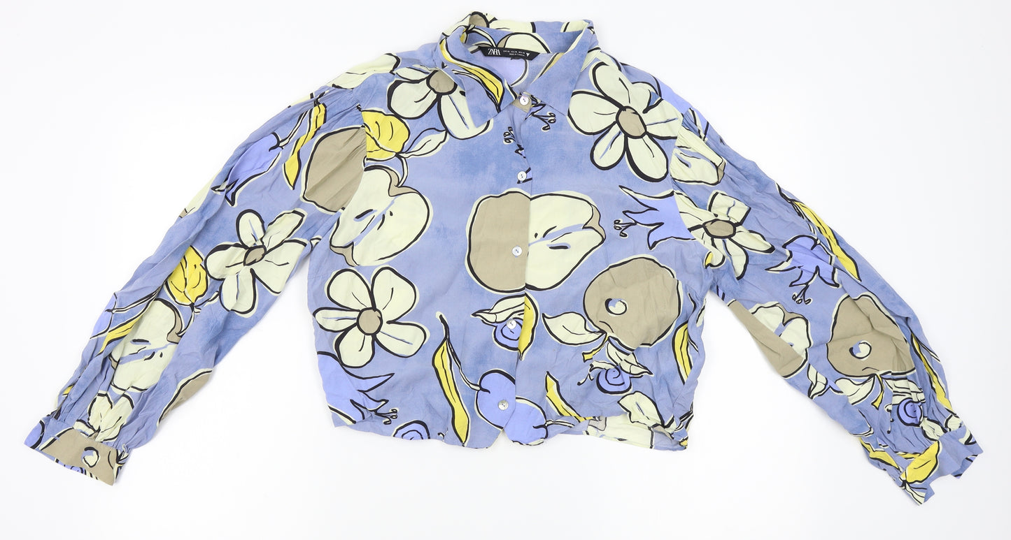 Zara Womens Blue Floral  Cropped Button-Up Size XL