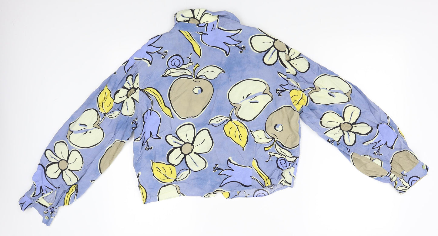 Zara Womens Blue Floral  Cropped Button-Up Size XL