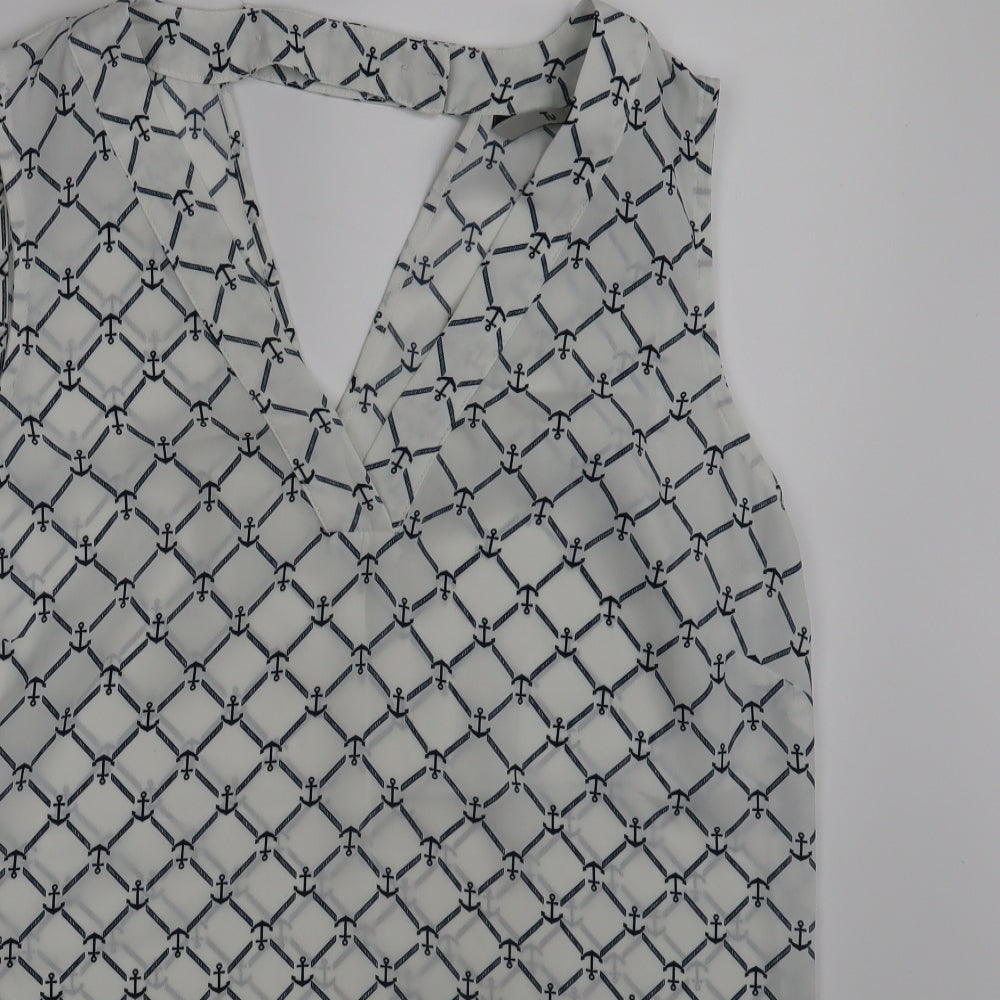 TU Womens White Geometric  Basic Blouse Size 10