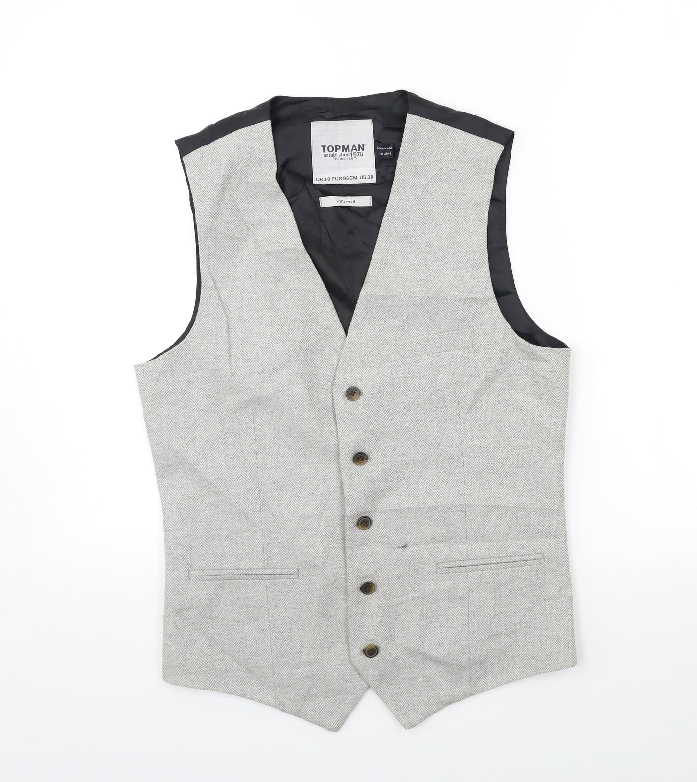 Topshop Mens Grey    Suit Waistcoat Size 38