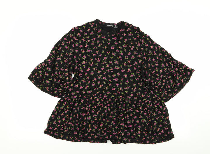 Boohoo Womens Black Floral Basic T-Shirt Size 6