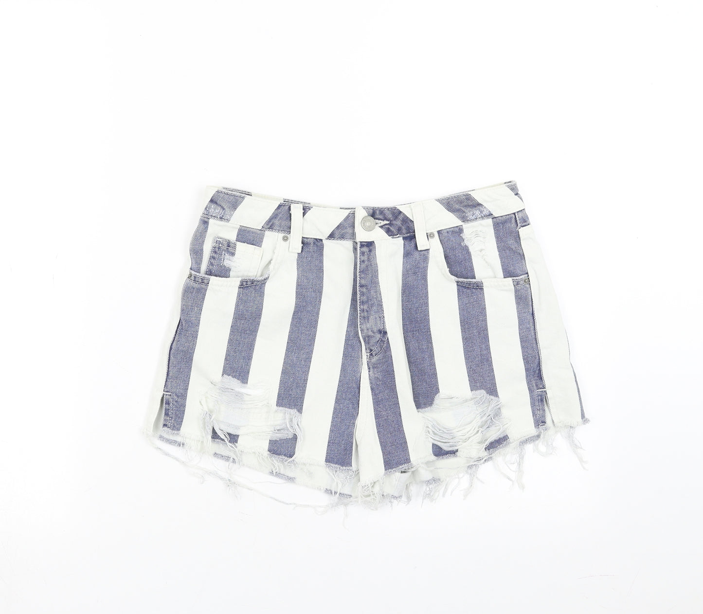 Topshop Womens Blue Striped Denim Mom Shorts Size 10 - Distressed