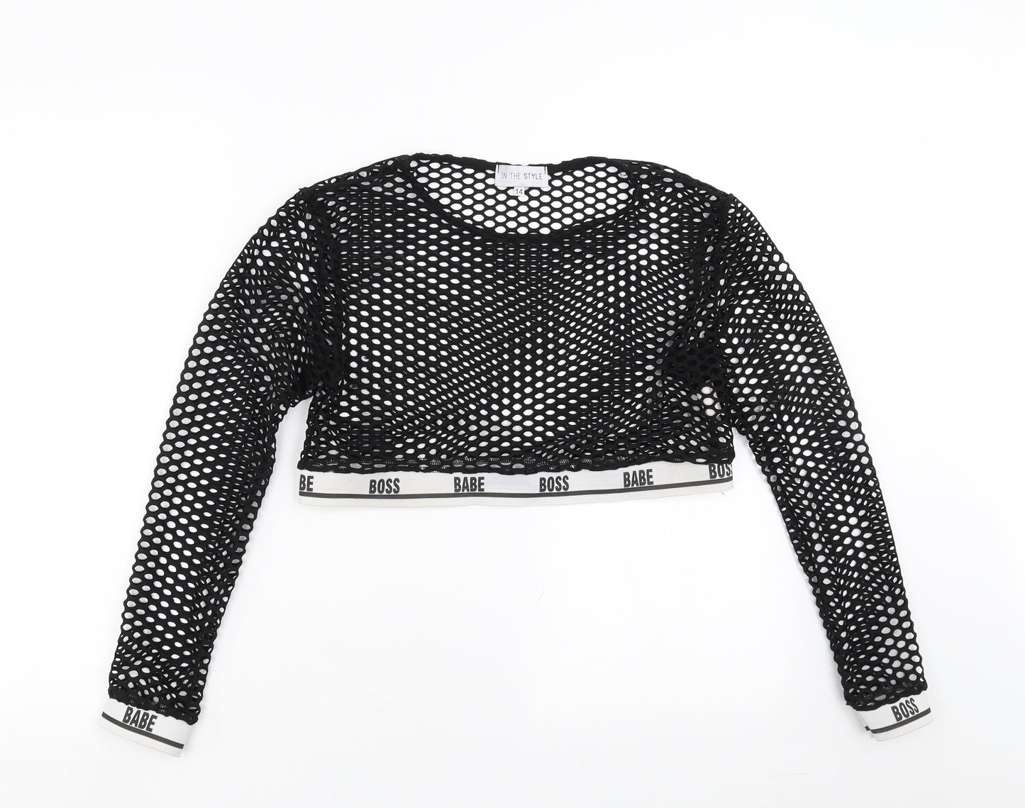 In the Style Womens Black Geometric  Cropped Blouse Size 14  - net top