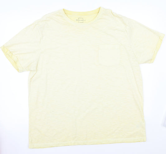 Front view of Peacocks men’s yellow t-shirt, size XL