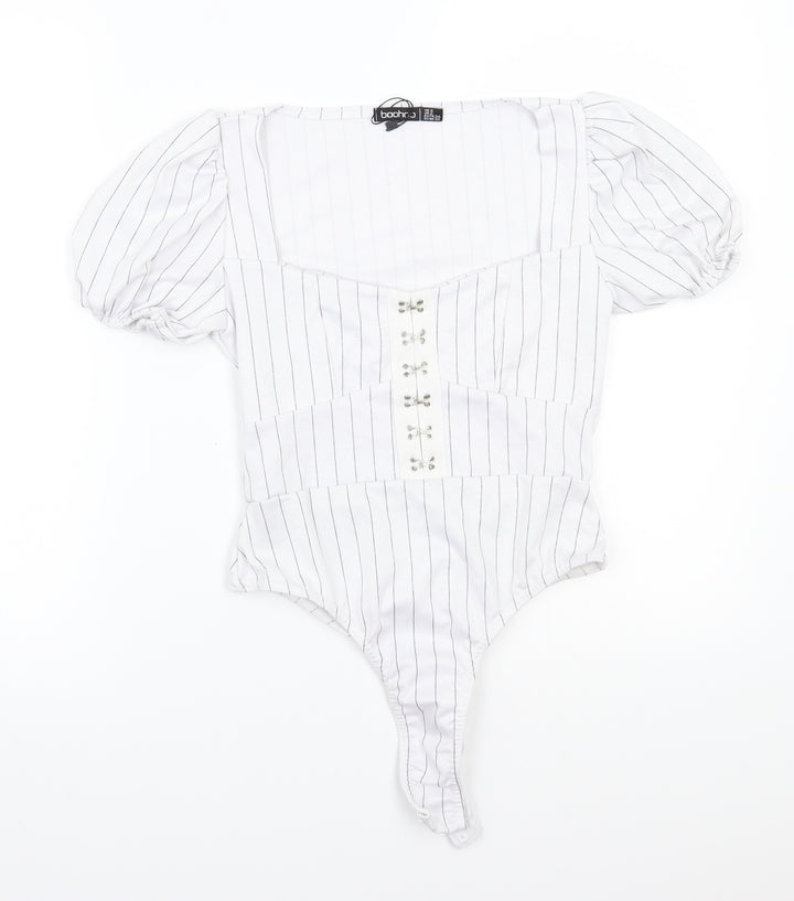 Boohoo Womens White Striped  Bodysuit One-Piece Size 6