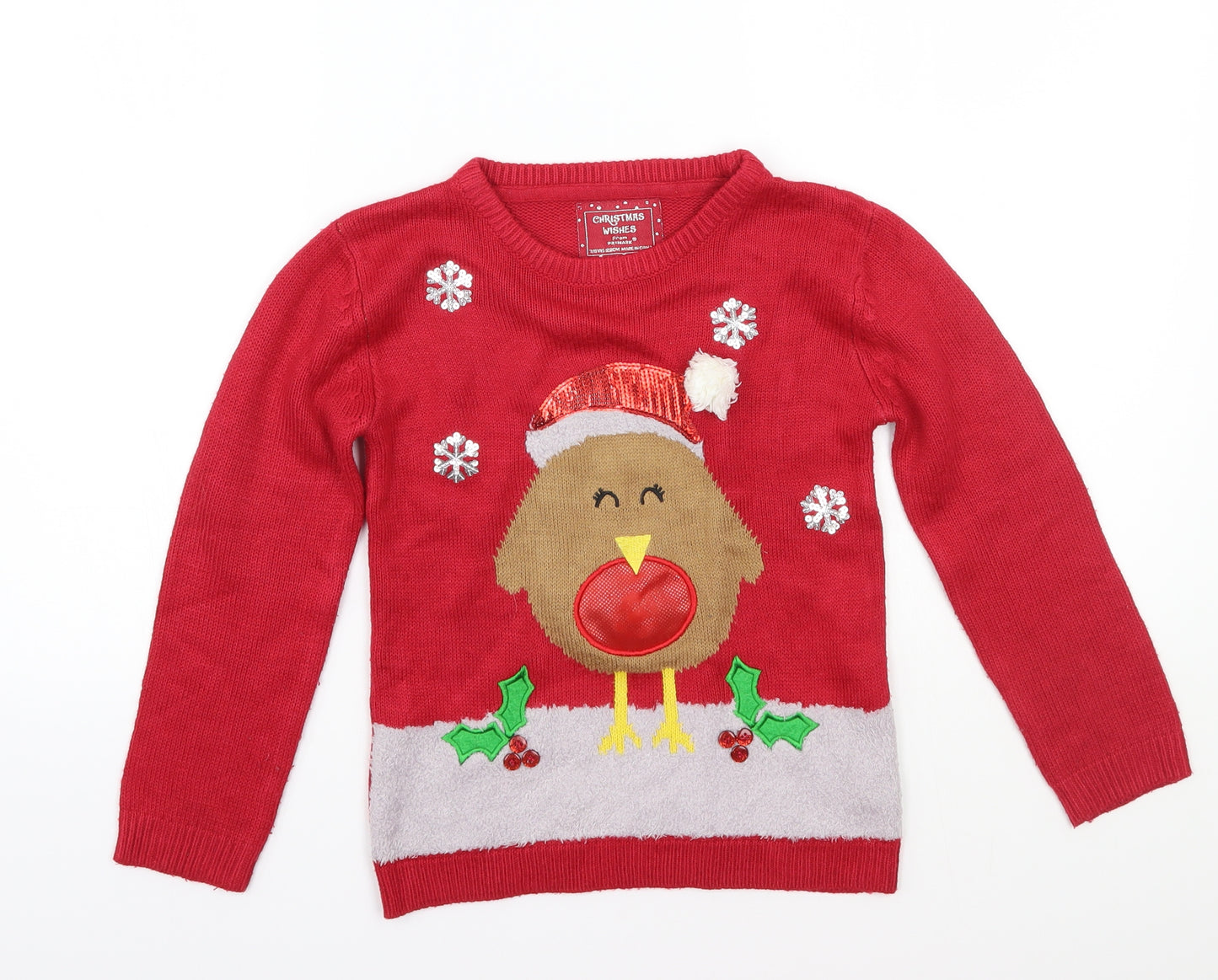 Christmas wishes Girls Red   Pullover Jumper Size 7 Years  - Christmas
