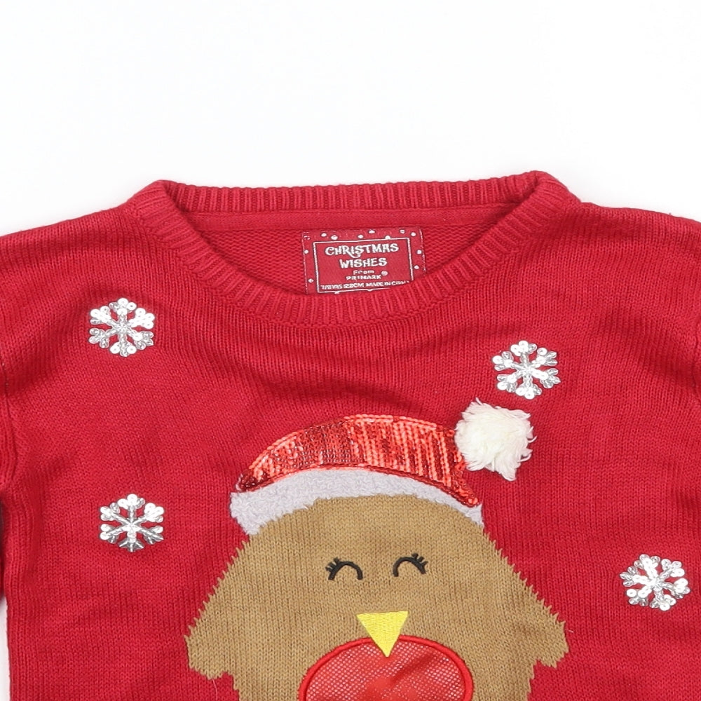 Christmas wishes Girls Red   Pullover Jumper Size 7 Years  - Christmas