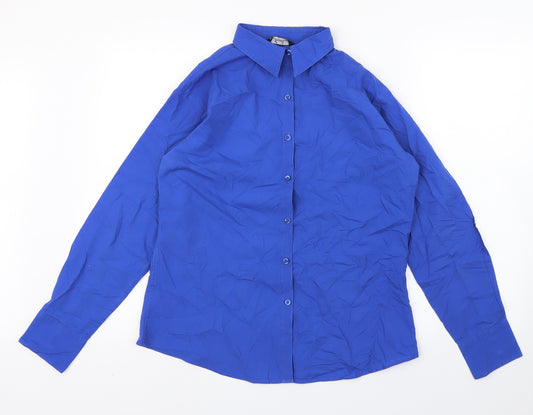 Front view of Premier men’s blue polo, size 14