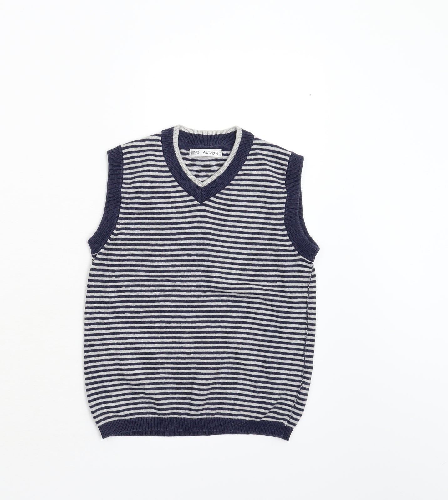 M&S Boys Blue Striped Knit Vest Jumper Size 9-10 Years