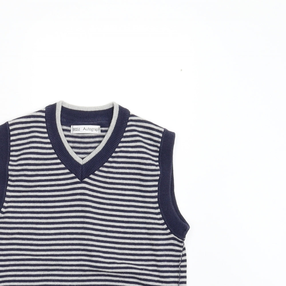 M&S Boys Blue Striped Knit Vest Jumper Size 9-10 Years