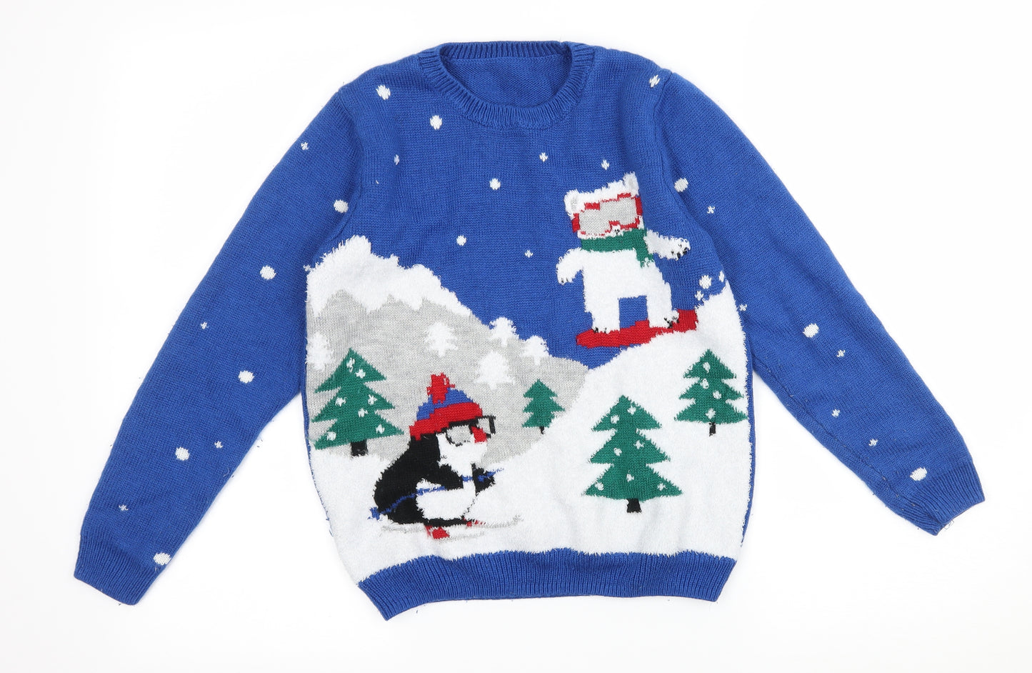 Nutmeg Boys Blue Geometric Knit Pullover Jumper Size 10-11 Years  - skiing animals