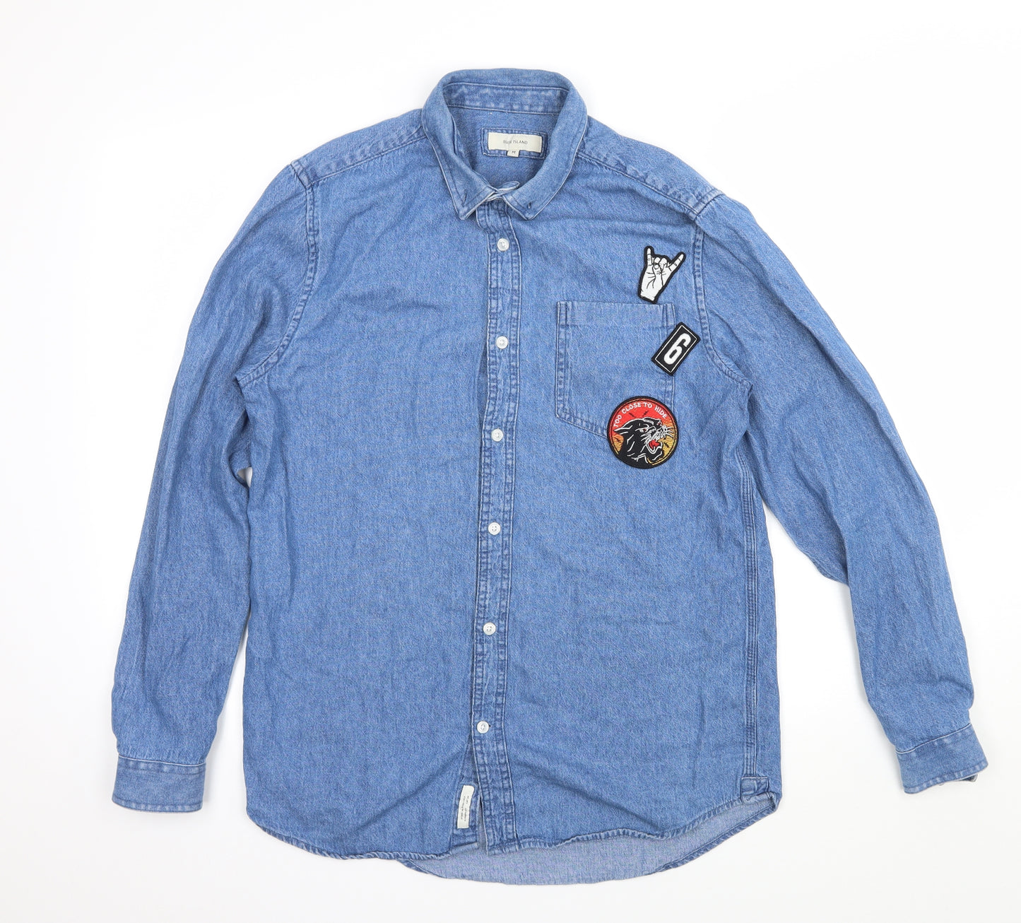 River Island Mens Blue  Denim  Button-Up Size M  - Badged